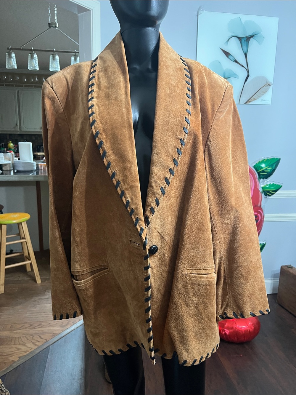 Vintage Camel Suede Jacket with Black Leather Whipstitch Trim